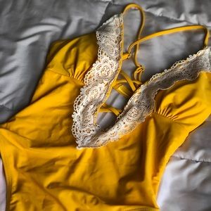 Yellow deep V one piece swimsuit